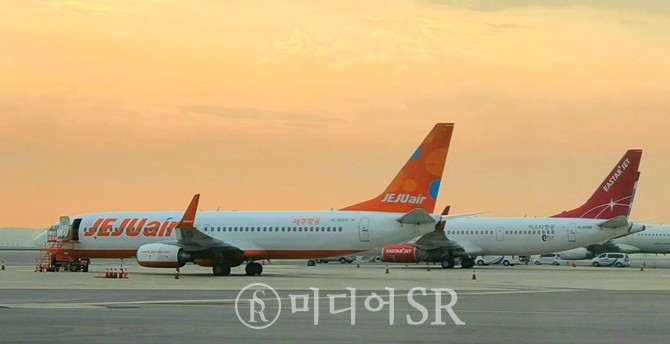 제주항공과 이스타항공 항공기가 나란히 세워져 있다. 사진. 정혜원 기자