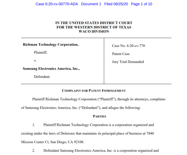 RTC가 제기한 삼성전자 특허 침해 소송 관련 문서. 사진. COURT LISTENER 갈무리