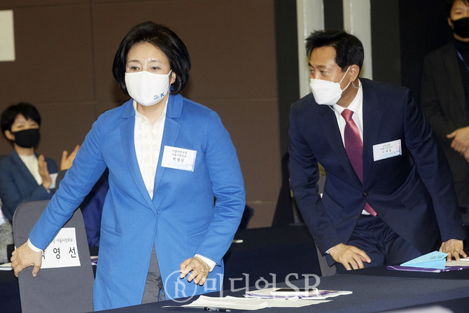 더불어민주당 박영선(왼쪽), 국민의힘 오세훈 서울시장 후보. 사진 구혜정 기자
