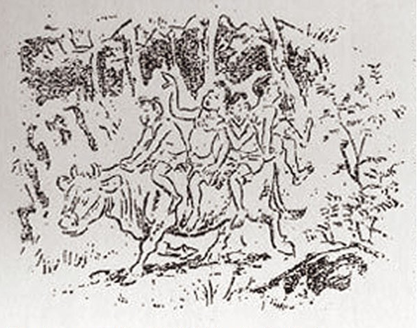 변영로 등 술꾼 4명이 발가벗고 소를 탔던 에피소드를 다룬 그림(‘신천지’ 1941년 11월호).