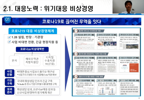 '코로나19 대응 비상경영체계' 설명 중인 이성기 대한무역투자진흥공사 팀장. 사진. 미디어SR 