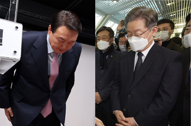   윤석열(왼쪽) 이재명 대선 후보는 지금 '불찰 경쟁'을 하고 있는 것 같다. 사진 구혜정 기자