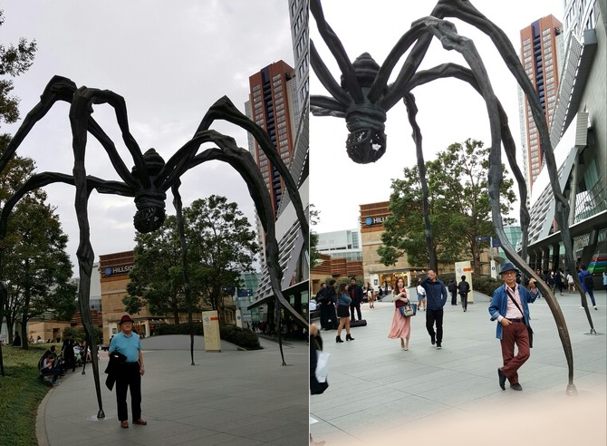 2019년 도쿄 롯본기(六本木)힐스 광장. 대형 거미는 루이스 부르주아(Louis Bourgeois, 1911~2010)의 작품이다. 미술관 찾아가는 길목 광장에서. 두 사람이 항상 함께 다니니 서로 사진을 찍어준다.  사진 이성낙 제공.