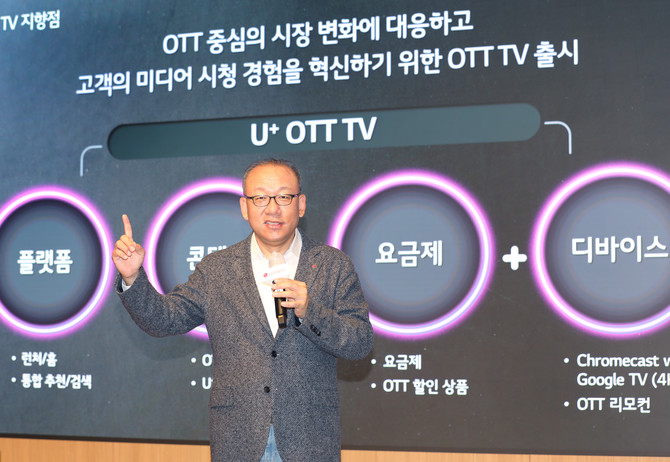 18일 개최된 LG유플러스 기자 간담회에서 박준동 상무(컨슈머서비스그룹장)는 OTT TV 플랫폼으로의 도약을 통해 미래 성장 동력을 강화하겠다고 밝혔다. 사진. LG유플러스
