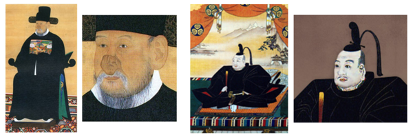 왼쪽은 작자 미상 홍진(洪進, 1541~1616)의 초상. 비단에 채색. 162.7x92.2cm. 남양홍씨 예사공파총회 소장. 오른쪽은 도쿠가와 이에야스의 초상. 견본채색, 82.9x41cm. 교토대박물관 소장. 조선 초상화는 ‘있는 대로, 보이는 대로’ 그린 반면, 일본 도쿠가와 초상화는 안면이 백색으로 처리되어 있고, 허리에 긴칼[長刀]을 움켜쥐고 있다.