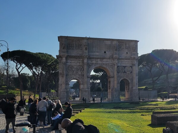 로마의 소나무. 콘스탄티누스(Constantinus) 개선문(315년 건립) 좌우의 우산소나무. 사진: 김기호, 2023