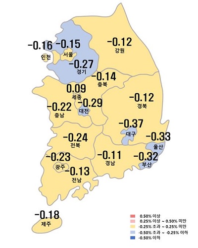 한국부동산원이 발표한 3월 셋째 주(20일 기준) 시도별 아파트 매매가격지수 변동률. 사진. 한국부동산원