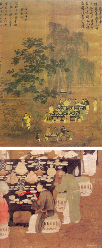 송 휘종의 '문회도'(1100~1125?). 184.4x123.9cm. 대만 국립고궁박물관 소장. 반상에 젓가락과 숟가락이 놓여 있다(아래 사진 빨간 원내).