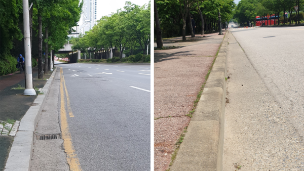 왼쪽은 경기 성남시 분당구 서현동의 대리석 도로 경계블록. 오른쪽은 경기 안산시 해안로의 20년 이상 된 도로 경계블록. 사진=민경보, 5월 16일.