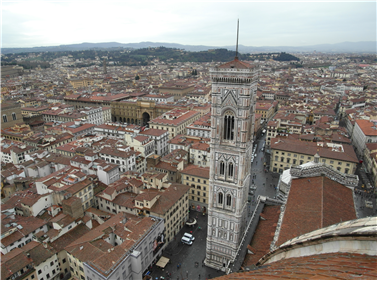 피렌체(Firenze) 두오모(Duomo) 성당 돔(높이 90m)에서 본 지오토(Giotto) 종탑(84.7m)과 좌측 위의 레푸불리카 광장(Piazza della Repubblica), 그리고 시가지 지붕경관. 지붕의 높이와 형태 및 색이 만드는 도시의 통일된 이미지가 이채롭다. 사진: 김기호, 2014