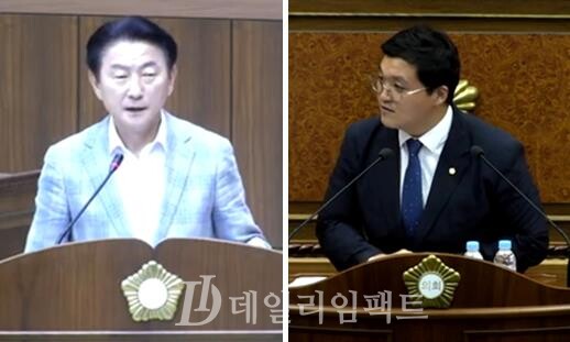 김동근 의정부시장(왼쪽)이 조세일 시의원(오른쪽)의 시정질의에 답하고 있다./ 사진=의정부시의회 영상 캡쳐본