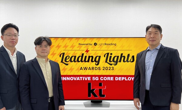  KT가 25일(현지시각) 비대면으로 개최된 ‘리딩 라이트 어워즈(Leading Lights Awards) 2023’에서 ‘가장 혁신적인 5G 코어 구축’ 부문을 수상했다고 26일 밝혔다. KT 임직원이 리딩라이트 어워즈 2023 수상 기념 촬영을 하고 있는 모습. /사진=KT