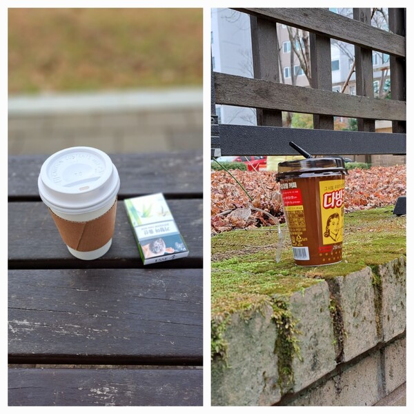 도서관 앞 벤치에 살그머니 올려놓은 커피 컵, 담뱃갑과 아파트 산책로 담벼락에 올려놓은 커피 컵. 