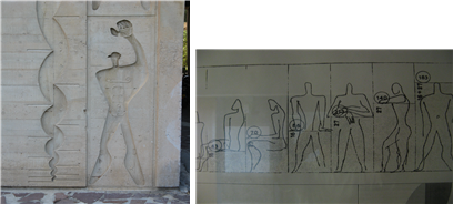 르 코르뷔지에의 모듈라 맨(Modulor Man)을 부조한 위니떼다비타시옹(Unite d’habitation) 아파트(프랑스 마르세이유 소재)의 벽(왼쪽)과 인간의 다양한 활동에 따른 높이 분석(오른쪽). 사진: 김기호, 2009