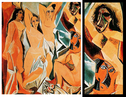 파블로 피카소, ‘아비뇽의 처녀들’(1907). Oil on canvas, 233.7 x 243.9 cm, NY MoMA (자료: Google 캡처)과 부분도(오른쪽).