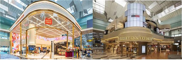 싱가포르 창이공항점의 롯데면세점(왼쪽)과 신라면세점(오른쪽). / 사진=각 사. 